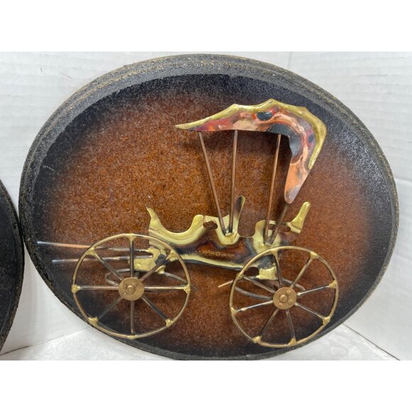 Vintage Brass Horse Carriage & Ice Wagon Wall Plaques On Rustic Brown Background - Picture 3 of 6